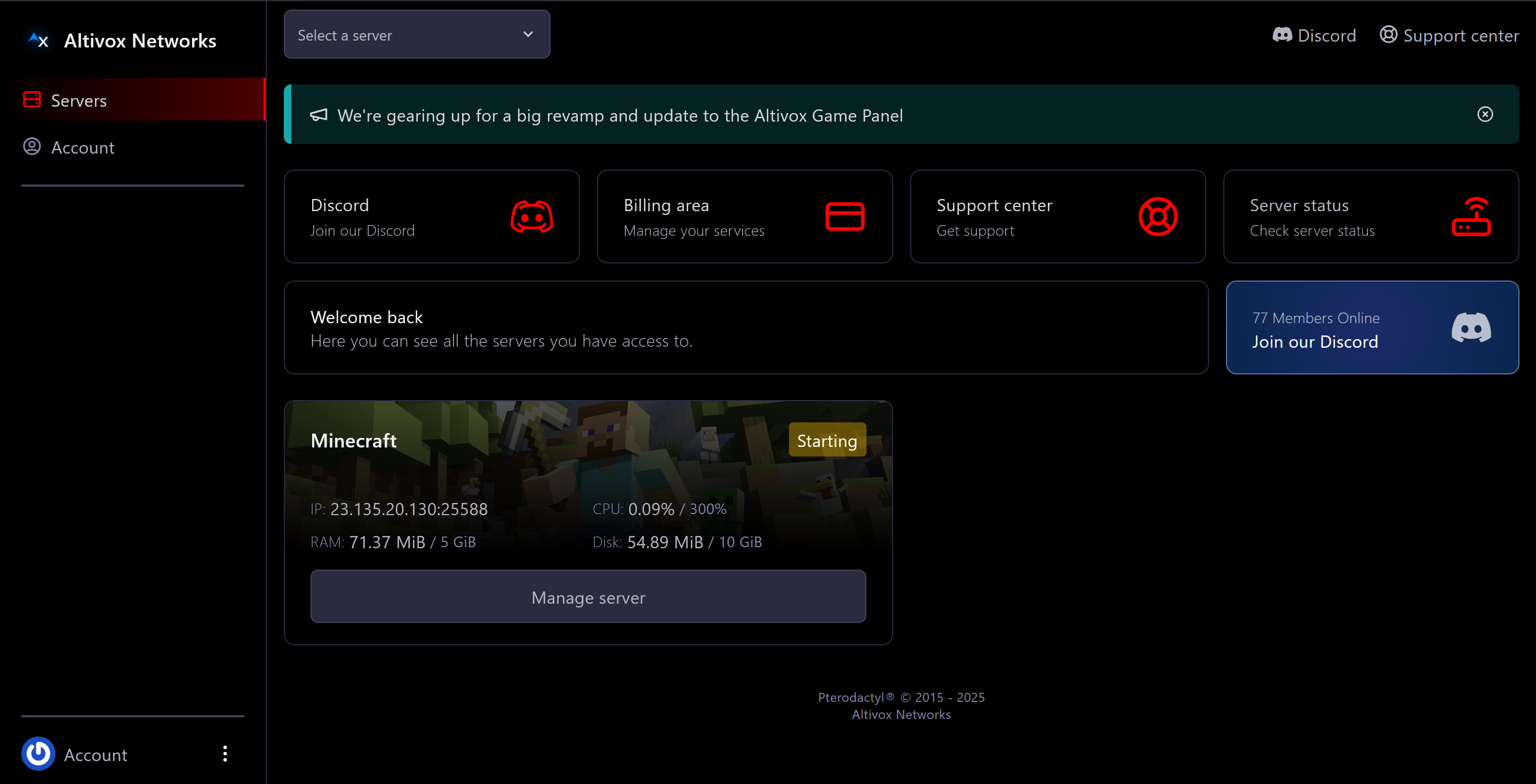 Minecraft server control panel screenshot